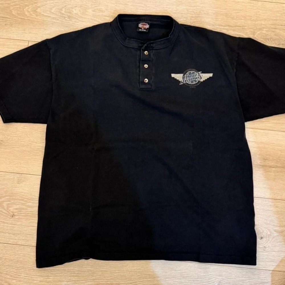 Vintage 1995 Harley Davidson Henley Shirt XL Carolina Gastonia NC Black Tee
